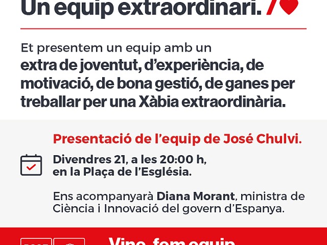 El PSOE de Xàbia presenta su candidatura este viernes en la Plaça de l’Església 